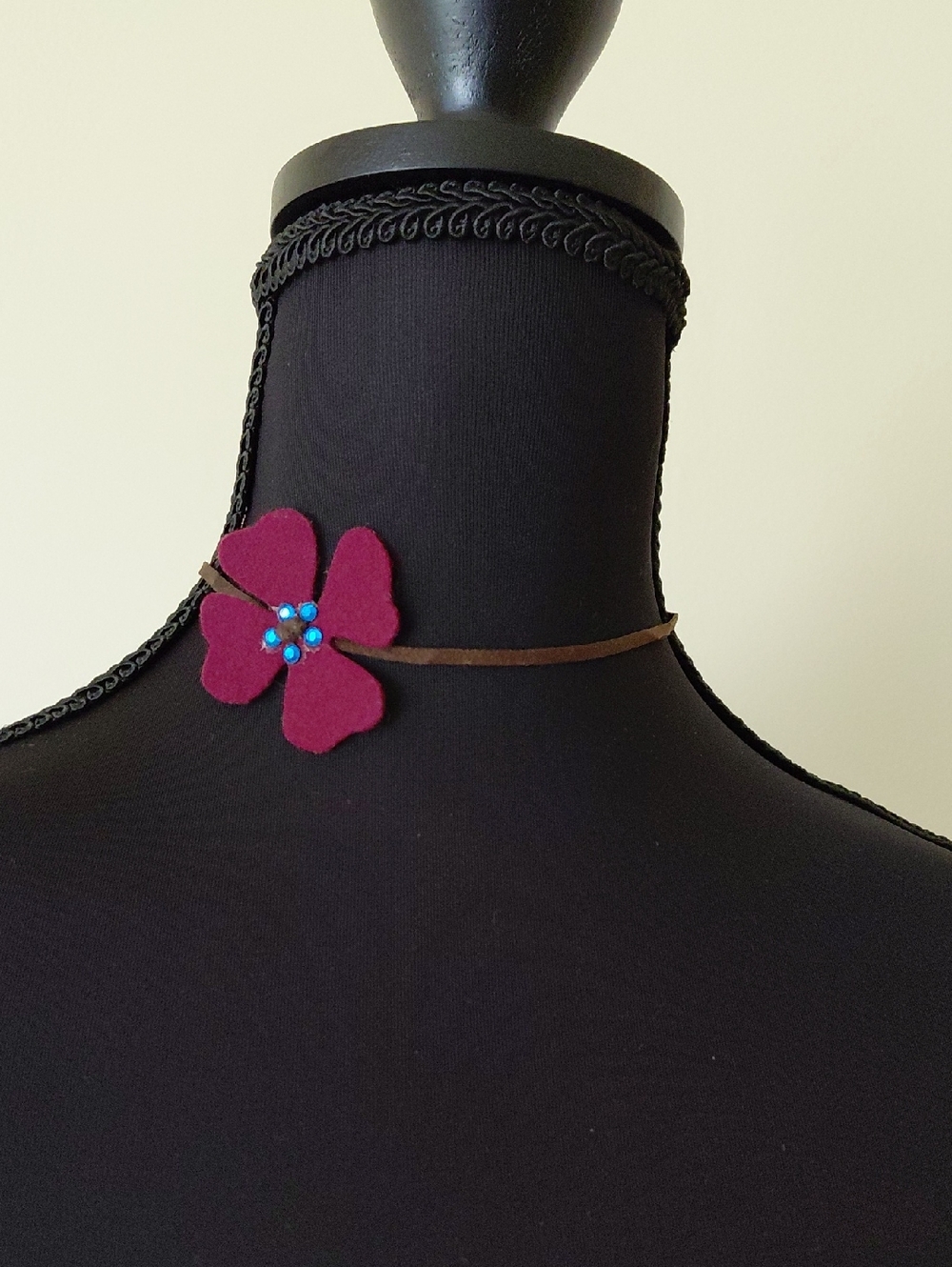 Handmade Burgundy Flower Choker Necklace with Turquoise Accents